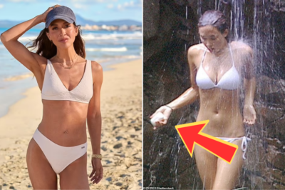 Myleene Klass displays her incredible figure in yet another white bikini for swimwear range – almost 20 years on from THAT iconic I’m A Celeb shower snap