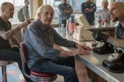 Five bikers surround a 69-year-old at a Maine diner—but when he calmly taps one name on his phone, the whole crew goes silent.